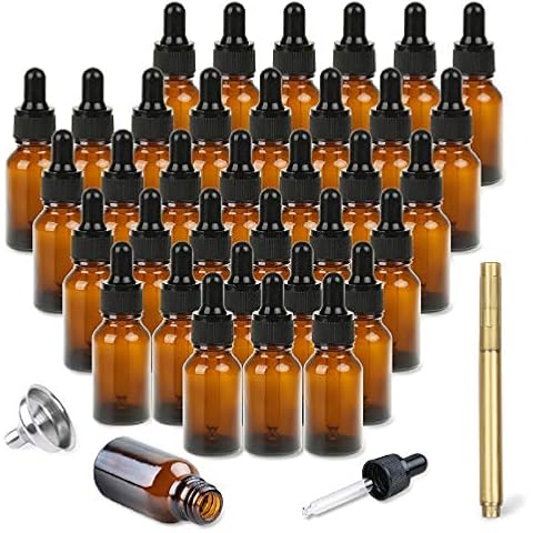 Ruckae Set of 36，0.5 oz Dropper Bottles with 1 Funnel & Pen- 15ml Thick Dark Amber Glass Tincture Bottles with Eye Droppers - Leakproof Essential Oils Bottles Cover