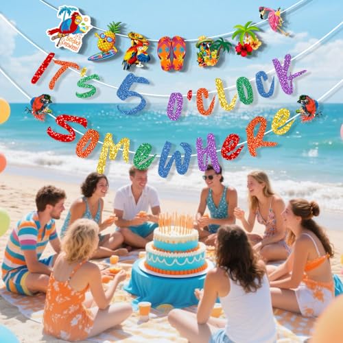 Image of It's 5 O' Clock Somewhere Summer Banner, Beach Hawaii Decoration, Tropical Parrot Banner, Nautical Cocktails Drinks Bar Party Supplies