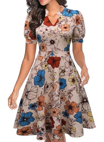Image of Mokayee Womens Summer Short Puff Sleeve Casual Semi-Formal Fit and Flare Church Wedding Guest Work Dresses with Pockets