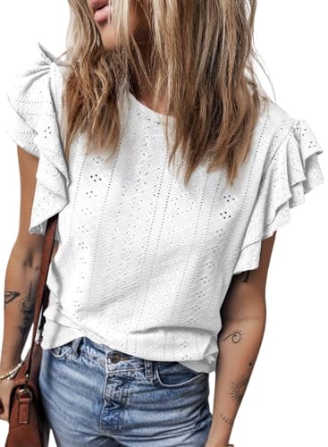 Dokotoo Blouses for Women Ruffle Cap Sleeve Eyelet Tops for Women Fashion 2024 Ladies Tops and Blouses Dressy Casual Round Neck Flowy Hollow Out Knit Babydoll Shirts for Women White L