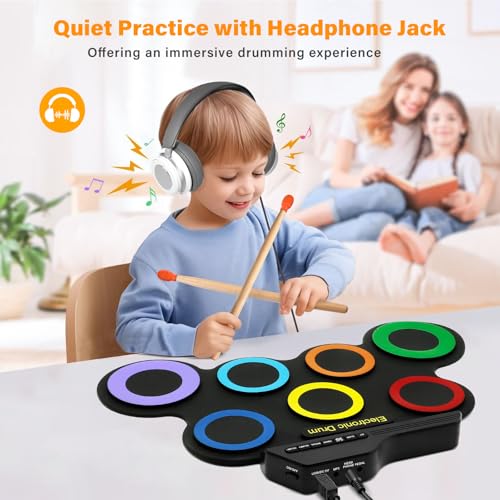 Image of Portable Electronic Drum Set - 7 Pads Roll up Drum Practice Pad with Pedals & Stick, Headphone, Jack in Drum Set Kit for Kids and Adults, Great Holiday Christmas & Birthday Gift