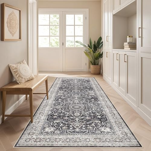 Runner Rug Kitchen Washable Rugs: 3x10 Non-Slip Boho Vintage Distressed Stain Resistant Indoor Floor Moody Oriental Throw Carpet for Hallway Bathroom Laundry Room Entryway Bedroom- Black