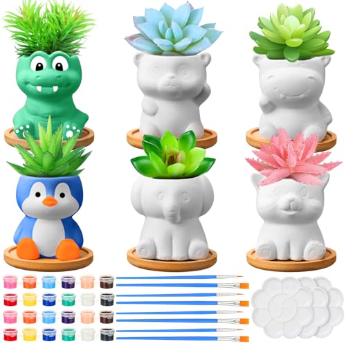 Ninehaoou 6 Sets Ceramic Succulent Pots with Drainage Color Paints Paintbrushes Palettes Paintable...