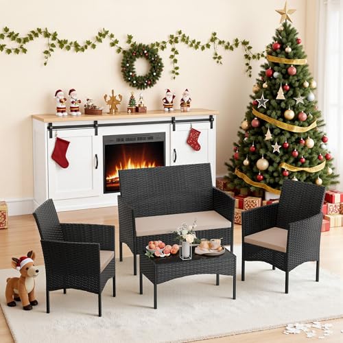 Image of 4 Pieces Patio Furniture Set Outdoor Conversation Set Rattan Furniture Set Wicker Chairs and Sofa with Glass Table for Porch Pool Backyard Garden Sand