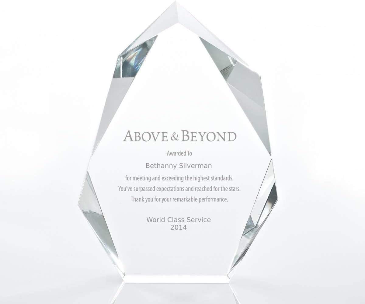 Baudville Executive Beveled Crystal Trophy - Peak - Medium - Personalized Engraving Up to Three Lines and Pre-Written Verse Selection - Employee Appreciation Gift Award for Employees