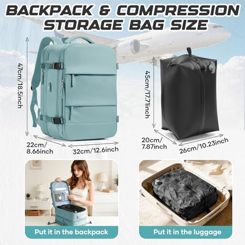 Image of Travel Backpack with Compression Vacuum Storage Bag & Electric Pump, Expandable Flight Approved Carry On Backpack, 18x14x8 inches Personal Item Travel Bag for Men Women, Blue