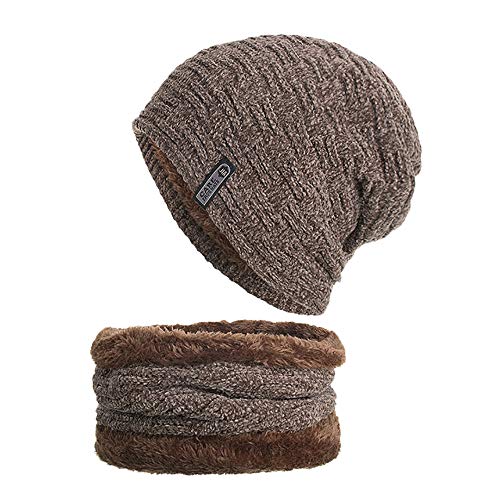 Invierno Mujeres y Hombres Gorros de punto con Bufanda de Cuello redondo Sombrero de lana (Khaki) Cover