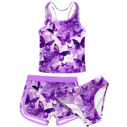 Enlifety 8-18T Kids Girls Swimsuit 3 Piece Bathing Suit Tankini with Shorts