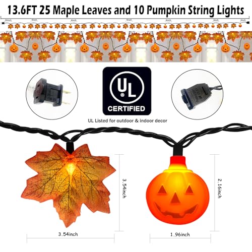 Image of 13.6Ft Fall Decor Maples Leaf Pumpkin String Lights, Hanging Outdoor Thanksgiving Decorations Lights with 25 Maple Leaves Light and 10 Pumpkin Lights for Thanksgiving Harvest Halloween Porch Window