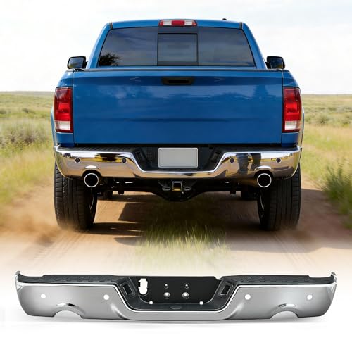 VRC Rear Bumper Assembly Compatible with 2009-2018 Dodge Ram 1500/10-18 Ram 2500 3500 Chrome Steel Bumper With License Plate Lights (Chrome W/Dual Exhaust & W/Sensor Holes)