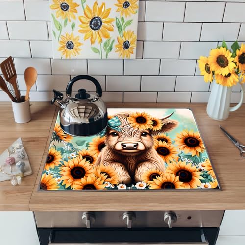 Image of Sunflower Stove Top Cover for Electric Stove, Highland Cow Stove Cover, Spring Flower Range Cover, Glass Cooktop Covers 28x20 inch, Spring Summer Cooktop Cover for Kitchen Holiday Home Decor