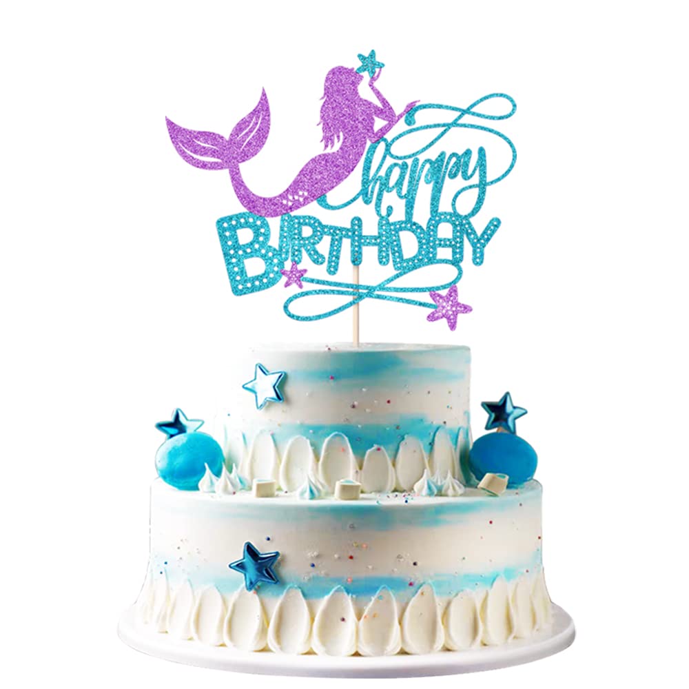 blue and purple Glitter Mermaid Happy Birthday Cake Topper - Mermaid cake Topper,Under The Sea Themed, Baby Shower Birthday Party Supplies (HP)