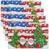 Noël Tapis de Table 45x30 Lot de 4,Arbre de Noël Père Noël Imprimé Sets de Table,Drapeau Américain pour Enfants Garçons Repas Sets de Table,Flocon de Neige Bleu Rouge Imperméable Tapis de Table