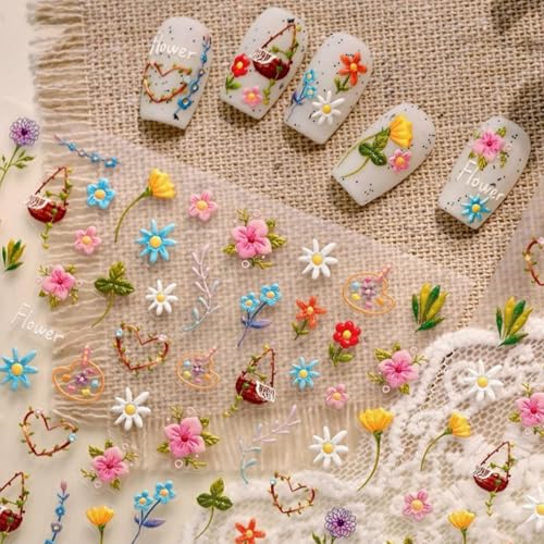 Image of Flower Nail Art Stickers Colorful Floral Nail Stickers Leaf Plant with Design 5D Embossed Self Adhesive Nails Decals Charms for Women Manicure Decoration Accessories 1 Sheets
