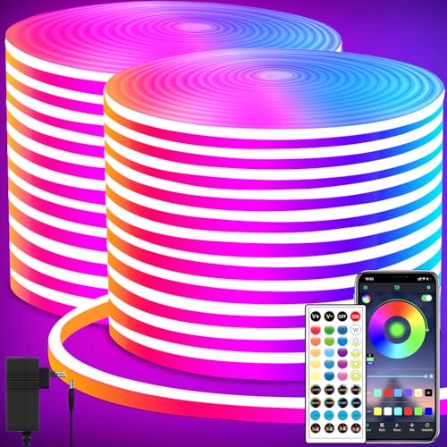 segrass Tira de luces LED neón, DC 24V 40M RGB Banda de LED APP Control remoto flexible impermeable Tira de LED neón para dormitorio, sala de juegos, decoración exterior (2 rollos de 20m)