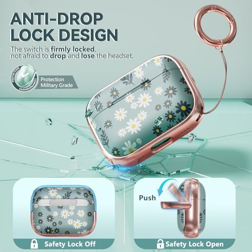 Image of Inesore for AirPods Pro 3 Case Cover 2025 with Lock-Green Daisy | Two-Piece Design,with Gold Keychain & Clean Pen, As Phone Stand,Support Wireless Charging,Cute Luxury Case for Women Girly