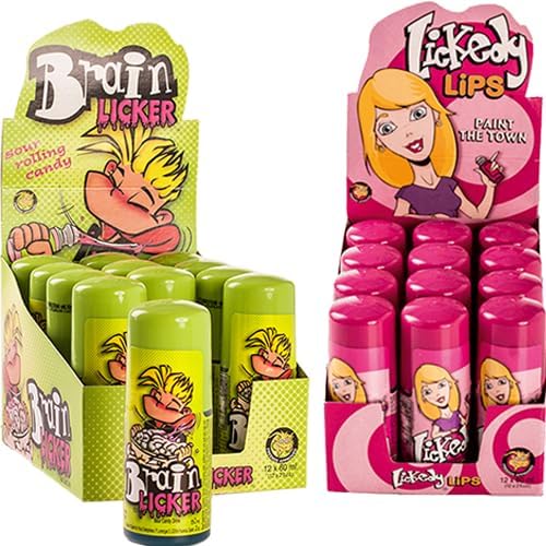 Brain Licker & Lickedy Lips Sour Candy Drink Bundle   24 Bottles 12x60ml Each | Extreme Sour Liquid Sweets | Fun Novelty Candy | Retro Party Bag Treats | Kids Gift Box