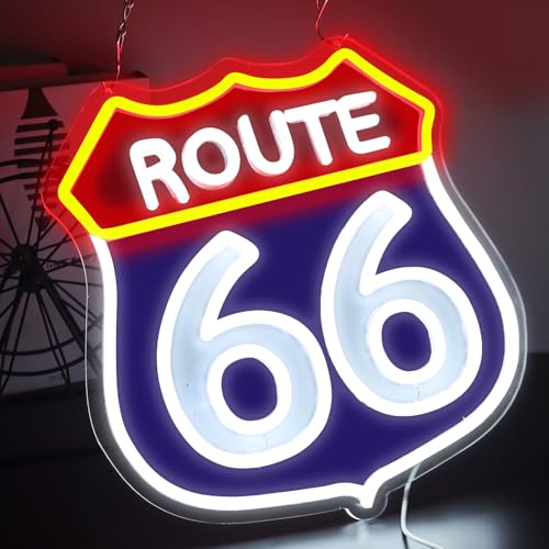 Image of Route 66 Neon Signs,LED Vintage 66 Road Lights, Room Decor for Garage,Home, Room, Man Cave, Party, Birthday Gift for Family Friends Kids-12.64x12.2 IN-USB Powered-Acrylic