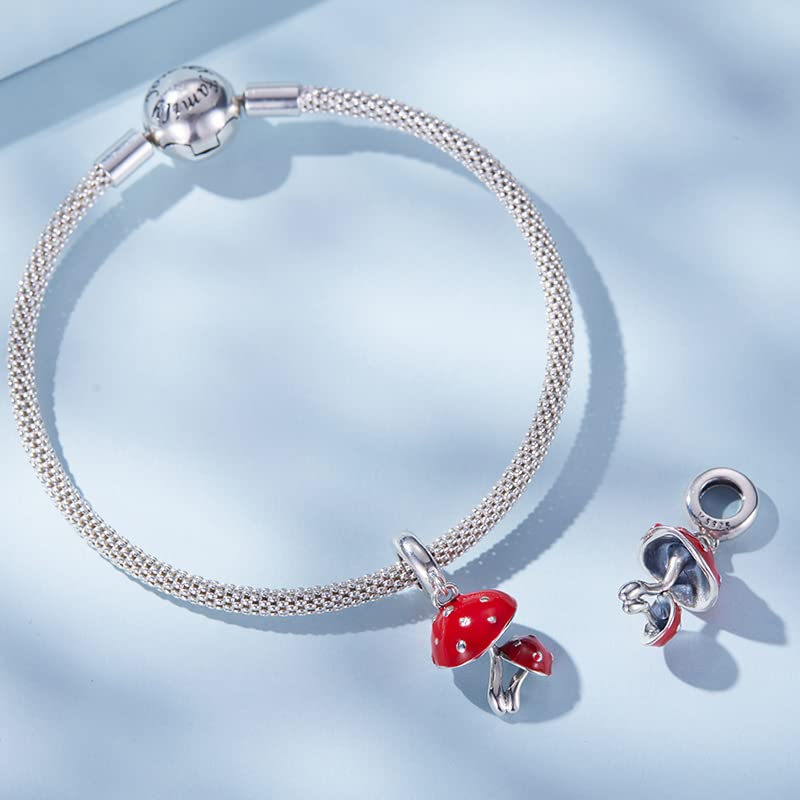 Dijes de seta roja de plata de ley 925, colgantes, compatibles con pulseras, collares y bisutería.