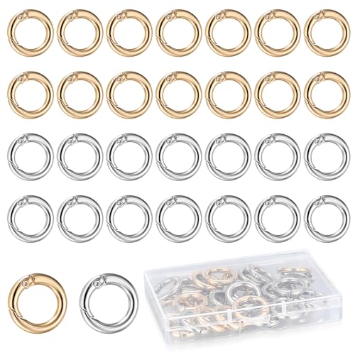 30 Pcs Mosquetones Redondos de Metal, Anillos de Resorte de Metal, Cierres de Anillos de Resorte Redondos, Llaveros de Resorte Anillas Mosquetones para Bolsos Carteras Manualidades, Oro/Plata