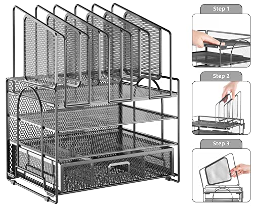 Image of Marbrasse Desk Organizers, 4-Tier Mesh Desk File Organizer with 5 Vertical File Holders and 2 Pen Holders, Multifunction Desktop Organizer,Desk Organizers and Accessories for Home Office (Gray)