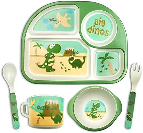 5Pcs Dinosaur Dinnerware Set for Kids,Toddler Dinosaur Dishes for Kids, Bamboo Dinosaur Plate Set, Cartoon Kids Fork Spoon Bowl Cup Divided Plates with Utensils Baby Self-Feeding Plate Dishwasher Safe