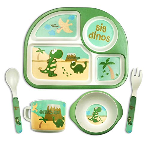 5Pcs Dinosaur Dinnerware Set for Kids,Toddler Dinosaur Dishes for Kids, Bamboo Dinosaur Plate Set, Cartoon Kids Forkand Spoon Set Bowl Cup Kids Divided Plates with Utensils Baby Self-Feeding Plate