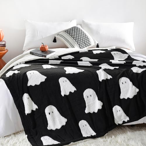 Smoofy Throw Blanket Halloween Blanket with White Ghost Black Throw Blankets for Bed and Couch Soft Fluffy Fleece Blanket 50x60 inches