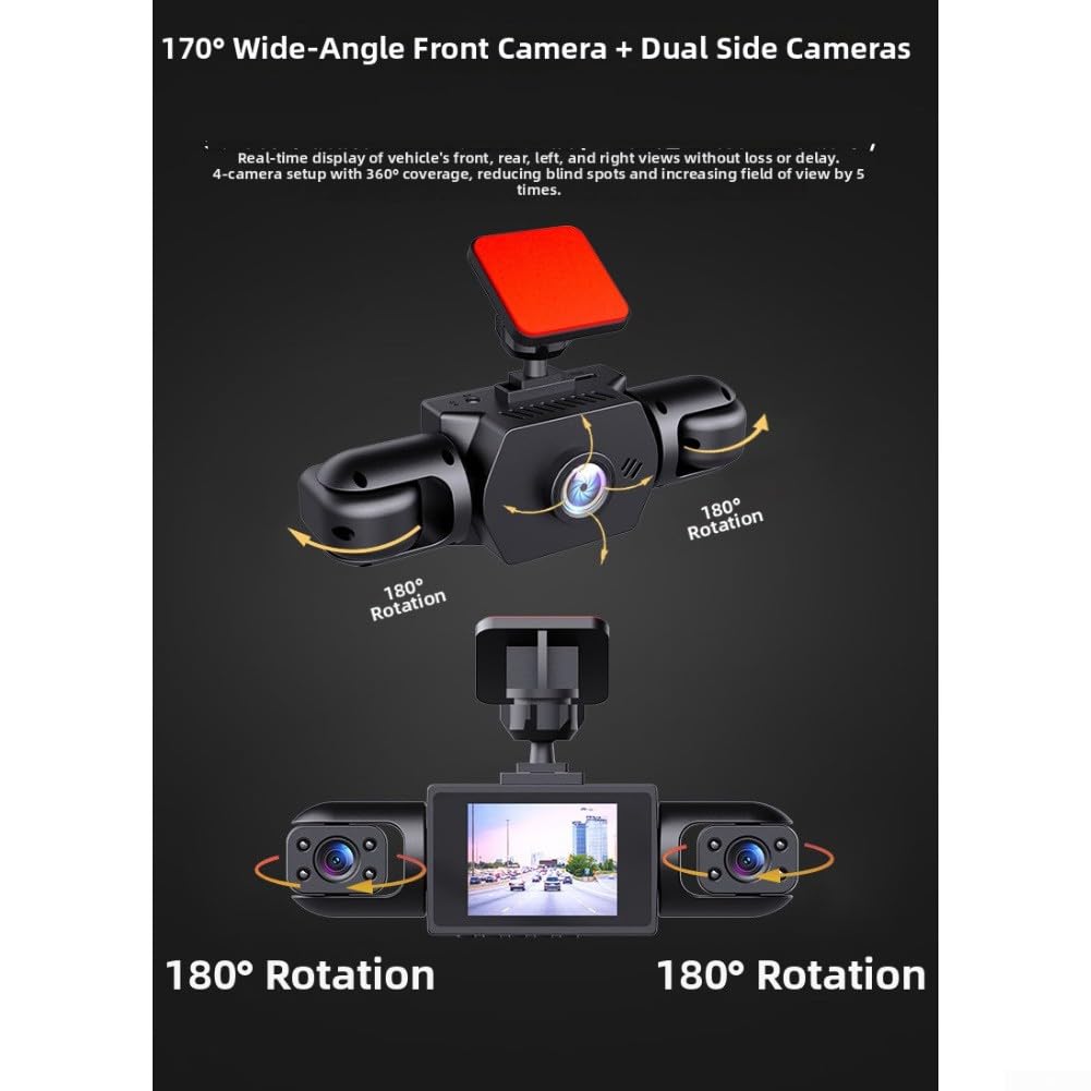 Zoegneer Cámara de salpicadero de 360 grados de 4 canales 4K delantera y 1080P lateral trasera con pantalla IPS de 3,16 pulgadas, detección de movimiento, grabación cíclica para coches, SUV, camiones