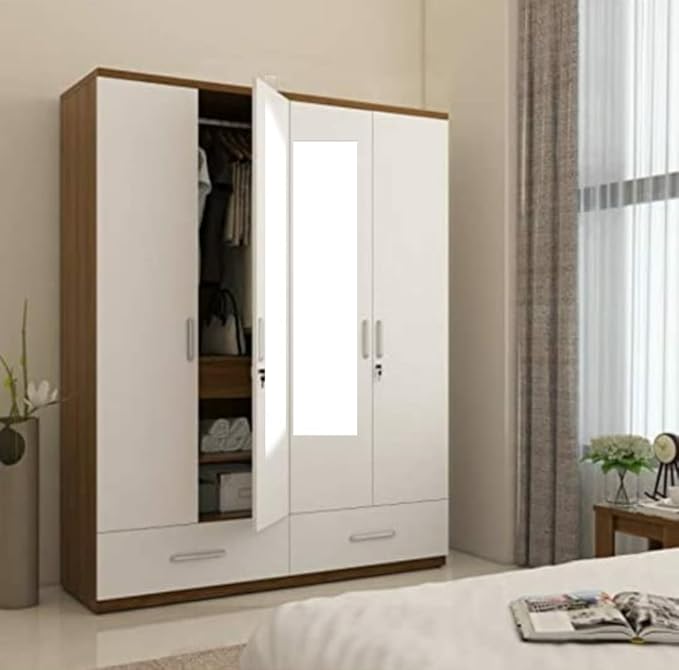 Hexagon Furnitures 4 Door Wardrobe High Glossy Frosty White with Mirror