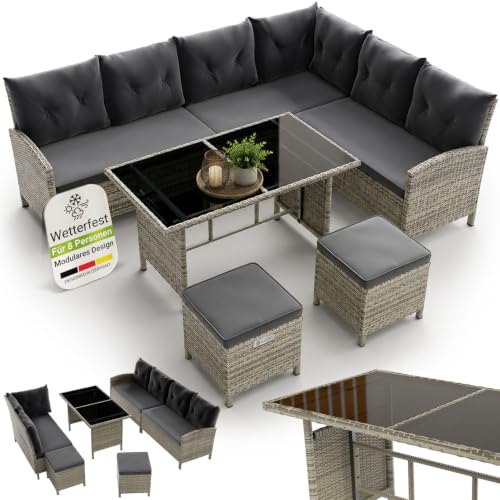 Juskys Polyrattan Lounge Manacor mit Ecksofa, Esstisch, 2 Hocker & Kissen - wetterfest bis...