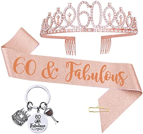 COLOFALLA 3pcs 60th Birthday Sash and Tiara Crown for Women Rose Gold Glitter 60 and Fabulous Sash Keyring for 60th Birthday Gifts Decorations Accessories