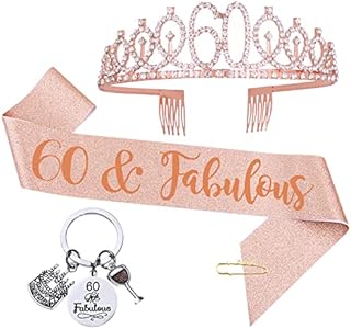 COLOFALLA 3pcs 60th Birthday Sash and Tiara Crown for Women Rose Gold Glitter 60 and Fabulous Sash Keyring for 60th Birthday Gifts Decorations Accessories