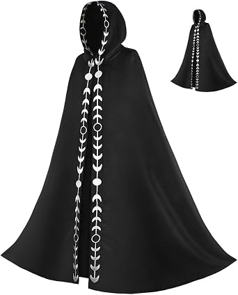 Unisex Moon Phases Embroidery Hooded Cloak Mysterious Medieval Renaissance Long Cape Witch Robe Cosplay Moon Costume