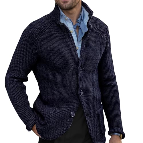 Mens Waffle Knit Cardigan Sweater Stand Collar Casual Textured Fashion Vintage Sweater Button Slim Fit Blazer Jacket