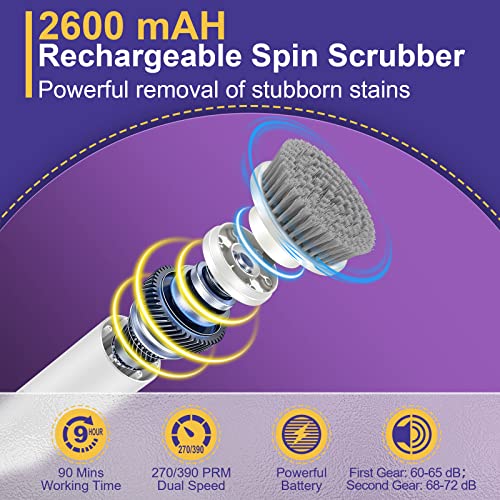 Dual Speed Rechargeable Electric Spin Scrubber With 5 Replacement Brush Heads, Cordless Bathroom Scrubber With Long Extension Arm, Household Cleaning Brush For Bathtub Grout Tile Floor Car Sink #TOP1