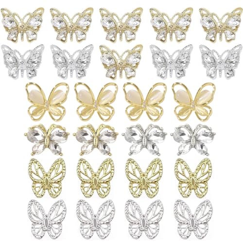 qiipii Big Butterfly Nail Charms, 26pcs 3D Golden Silver Butterfly Charms for Acrylic Nails Butterflies Nail Rhinestones Gems Charms Alloy Studs Nail Art Crystals Diamonds Decor Supplies for Nails DIY