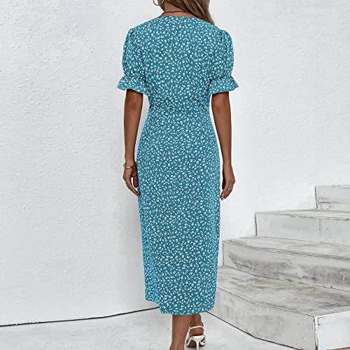 Floral Dresses For Women 2023 Elegant Fitted V-Neck Midi Dress Summer Button Up Ruffle Sleeve Pencil Dress Prom Party,Ladies Wedding Guest Date Night Empire Waist Long Dress(A-Blue,Medium) #TOP2