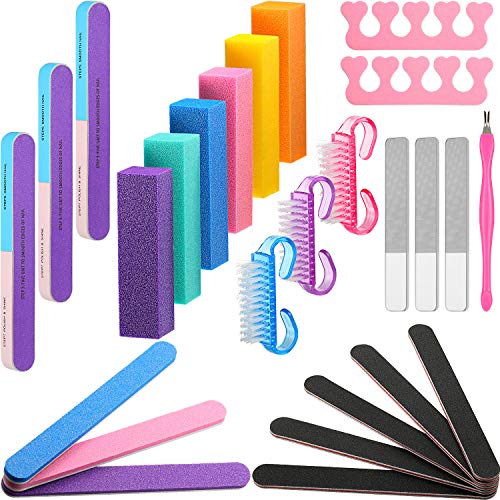 26 Pieces Nail File and Buffer Set, Include Glass Nail File, Rectangular Buffer Block, 7-Way Nail File Block, Double Sided 100/180 Grit File, Nail Scrub Cleaner Brush, Finger Separator, Dead Skin Fork