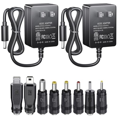 SoulBay 2PCS 5V 2A AC/DC Power Supply with 8 Plugs for USB Hub TV Box Tablet Camera BT Speaker GPS Webcam Router and More 5VDC Electronics, AC100-240V to DC 5V 2000mA Charger Adapter