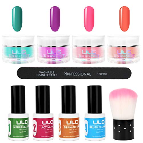 Dipping Powder Nail Starter Kit ULG 4 Bright Summer Colors Dip Power Set Acrylic Powder System for French Nail Manicure Art Set with Base, Activator, Top and Brush Saver No UV LED Required