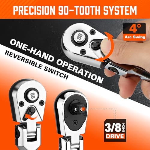 Image of HORUSDY 3 /8 inch Drive 90-Tooth Flex Head Ratchet Handle, 180 Adjustable CR-V Ratchet with Quick Release & Reversible Switch, 4 Swing Arc Socket Wrench for Automotive, Bike & DIY Repair