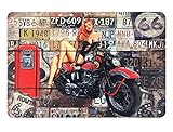 AOYEGO Pin Up Motorcycle Tin Sign,Sex Women Near Gas Station Sit On Motor with License Plate Wall Vintage Metal Tin Signs for Cafes Bars Pubs Shop Wall Decorative Funny Retro Signs 8x12 Inch