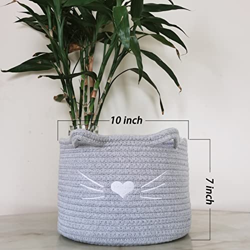 Small Woven Basket,Rope Storage Basket With Handle,Cute Cotton Basket For Nursery,Cat Dog Toy Storage Organizer Basket,Storage Bins For Toy Organizer,Grey,10×10×7 Inch #TOP5