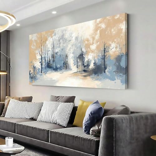 Toile abstraite forêt d'hiver LIFKNVN paysage beige bleu 70x140cm
