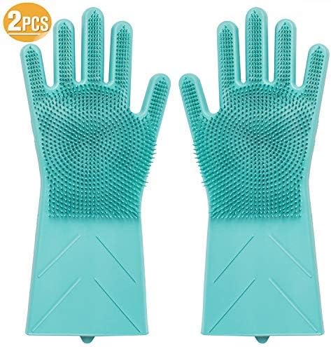 Magic Silicone Gloves wash Scrubber Gloves Reusable Cleaning Brush Gloves Heat Resistant Scrub Rubber Glove for Dish Washing Cleaning Kitchen Household Washing The Car Pet Hair Care (Green)