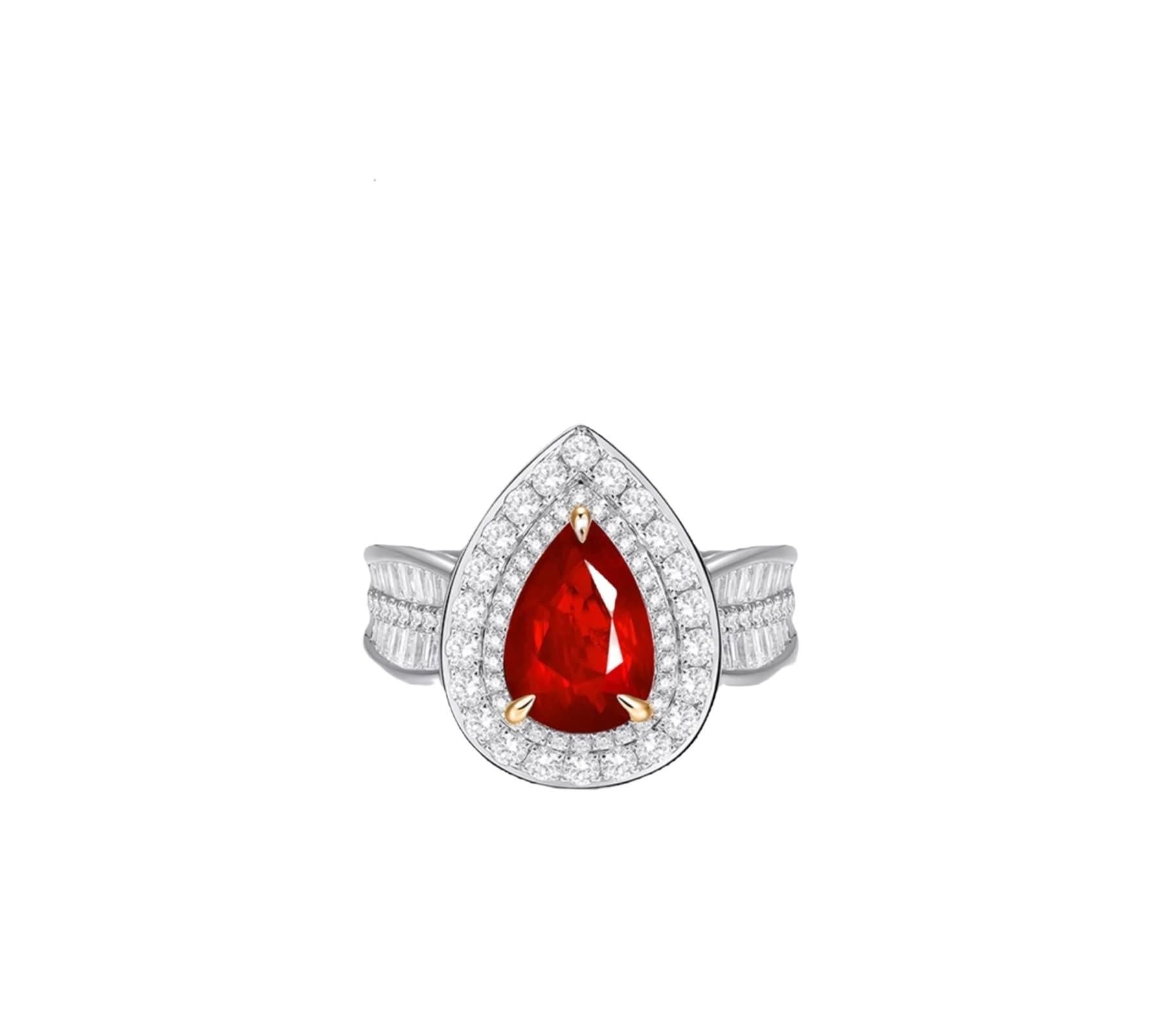 Pierścionek damski, obrączka ślubna, 3 pazury, krople wody, 2,14 ct, syntetyczny rubin, moissanit białe złoto