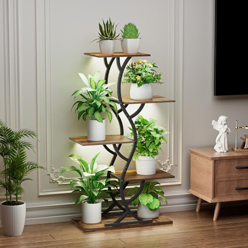 BACEKOLL Supporto per piante con luce di crescita, 5 livelli, 110 cm, in metallo e legno, per interni ed esterni, decorazione per fiori, colore nero, per interni, giardino, balcone