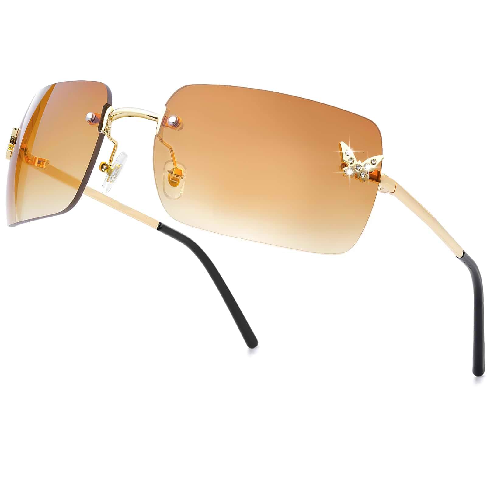 knliwkm Rimless Rectangle Y2k Sunglasses for Women Men Cute Small Clear Frameless Tinted Lens 2000S Fashion Shades Butterfly
