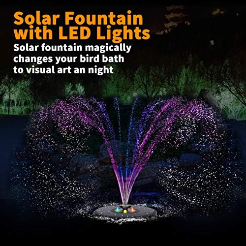 Solar Water Fountains with 6 Color LED Lights, 3W Solar Fountain Pump with 1500mAh Built-in Battery, Round Shape Solar Water Pump with 7 Nozzles + 4 Anti-Collision Bar for Bird Bath,Ponds,Gardens